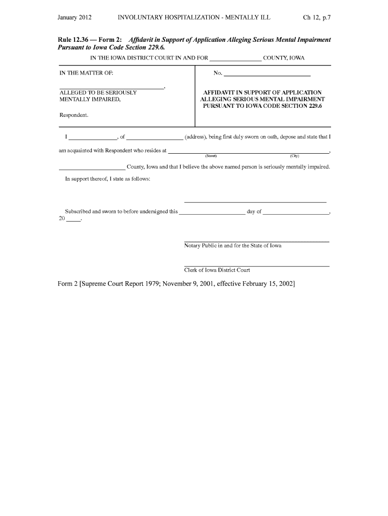 INVOLUNTARY HOSPITALIZATION MENTALLY ILL  Form