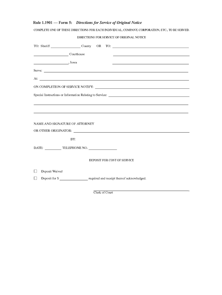 1901 Form 5 Directions for Service of Original Notice