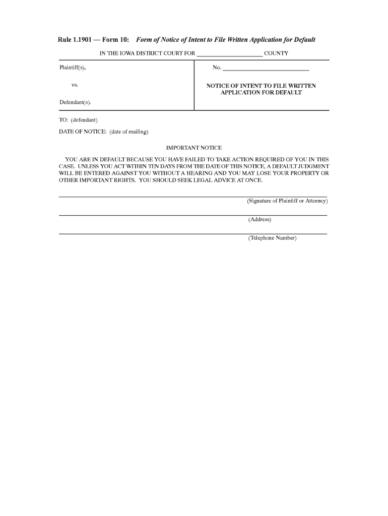 Form of Notice of Intent to File Written Application for Default