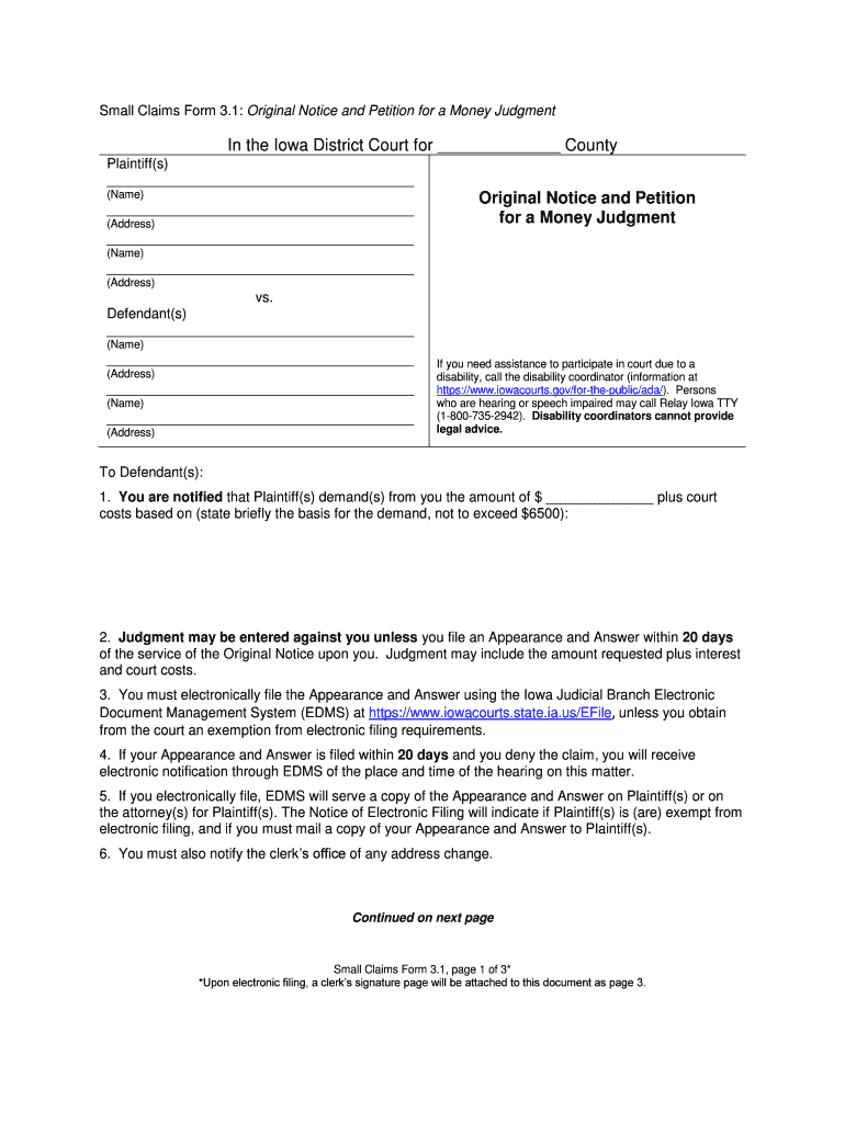 1 Original Notice and Petition for a Money Judgment  Form
