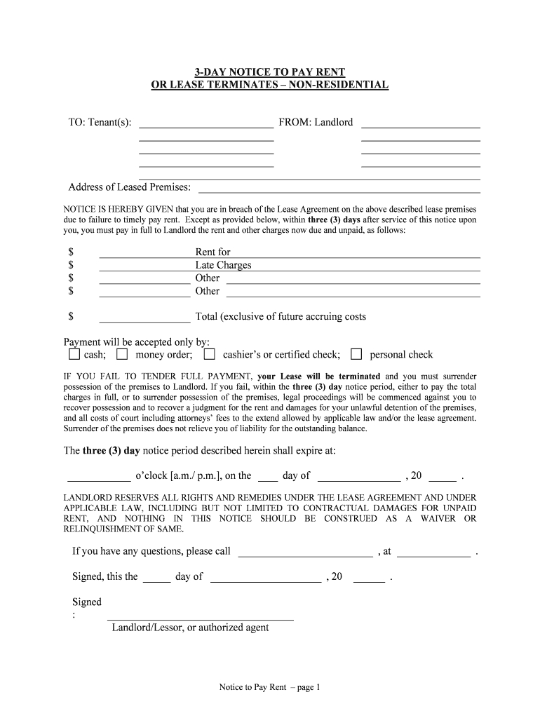 You, You Must Pay in Full to Landlord the Rent and Other Charges Now Due and Unpaid, as Follows  Form