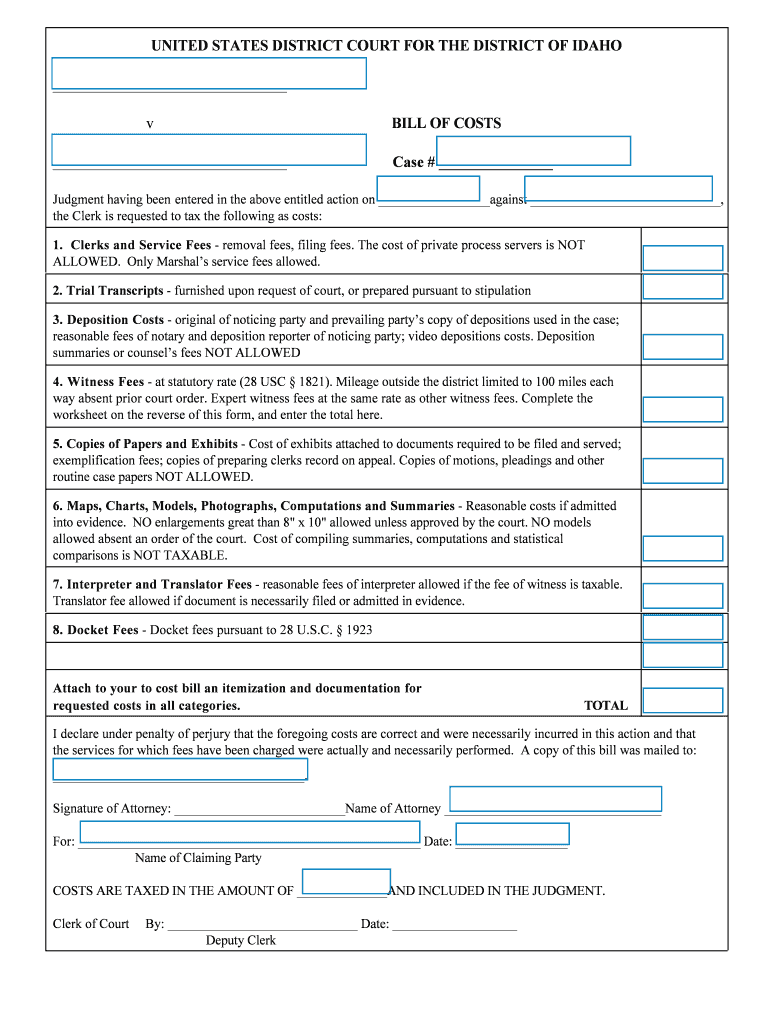 Bill of Costs District of Idaho  Form