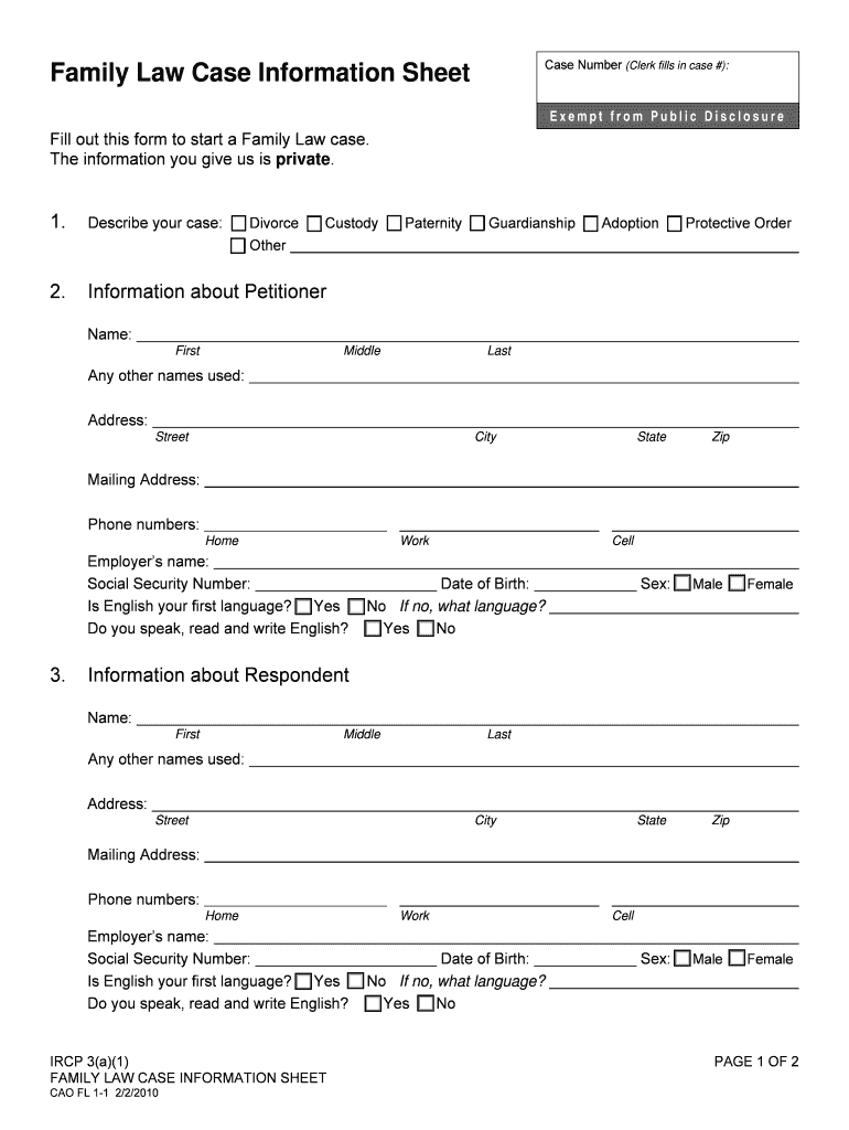 Bill of Sale Form Idaho Family Law Case Information Sheet