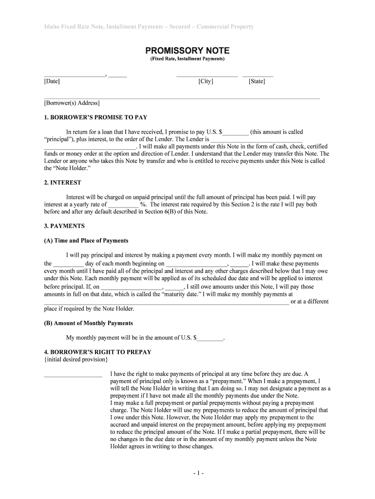 Idaho Fixed Rate Note, Installment Payments Secured Commercial Property  Form