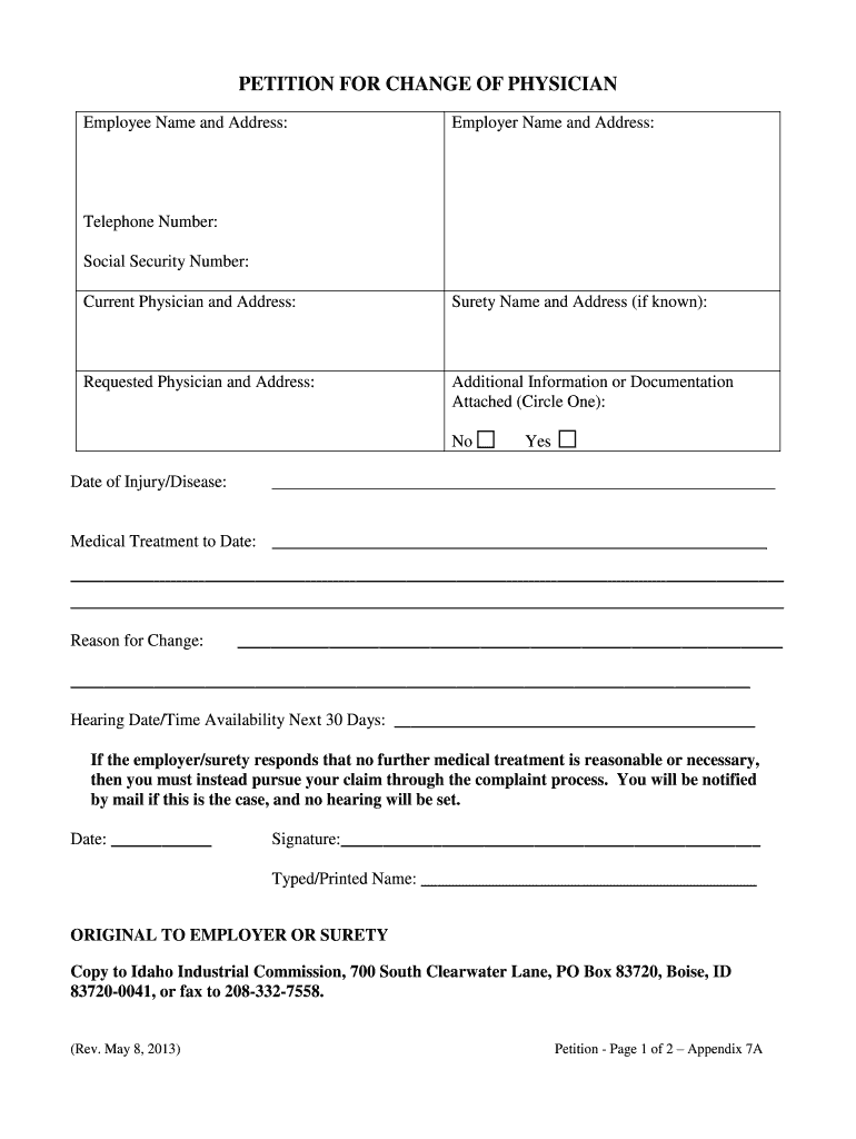 Petition for Change of PhysicianPdf Fpdf DOC DocxIdaho  Form