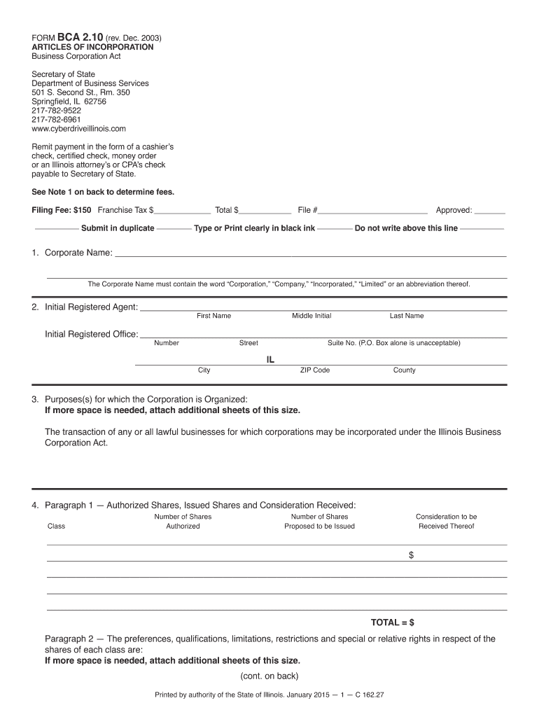 FORM BCA 2 10 Rev Dec ARTICLES of INCORPORATION