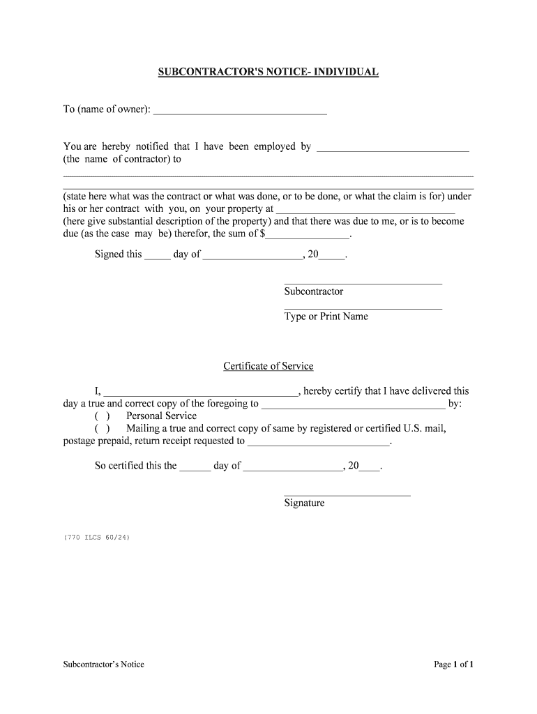 SUBCONTRACTOR'S NOTICE INDIVIDUAL  Form