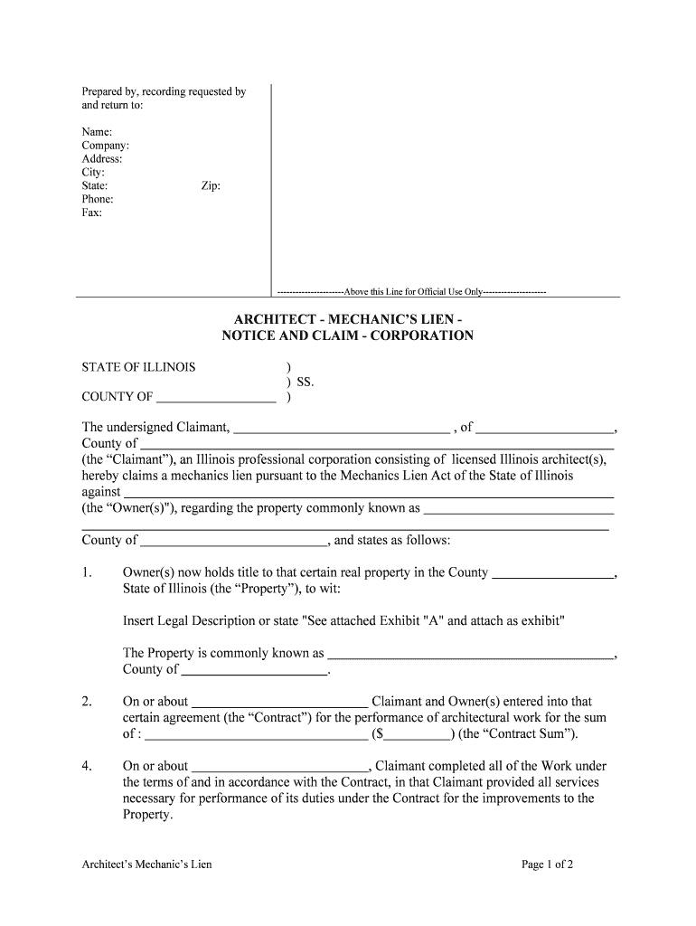 ARCHITECT MECHANICS LIEN NOTICE and CLAIM CORPORATION  Form