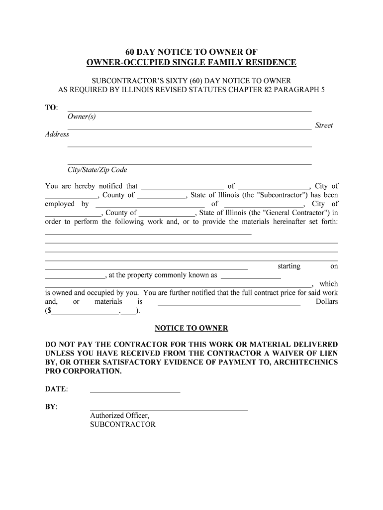 Fillable Online Illinois Subcontractor's 60 Day Notice to Owner  Form