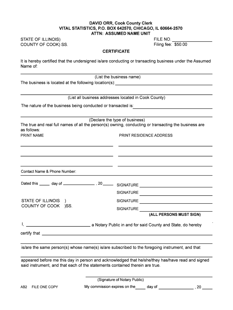 Cook County Certificate of Assumed NameNotary Public  Form
