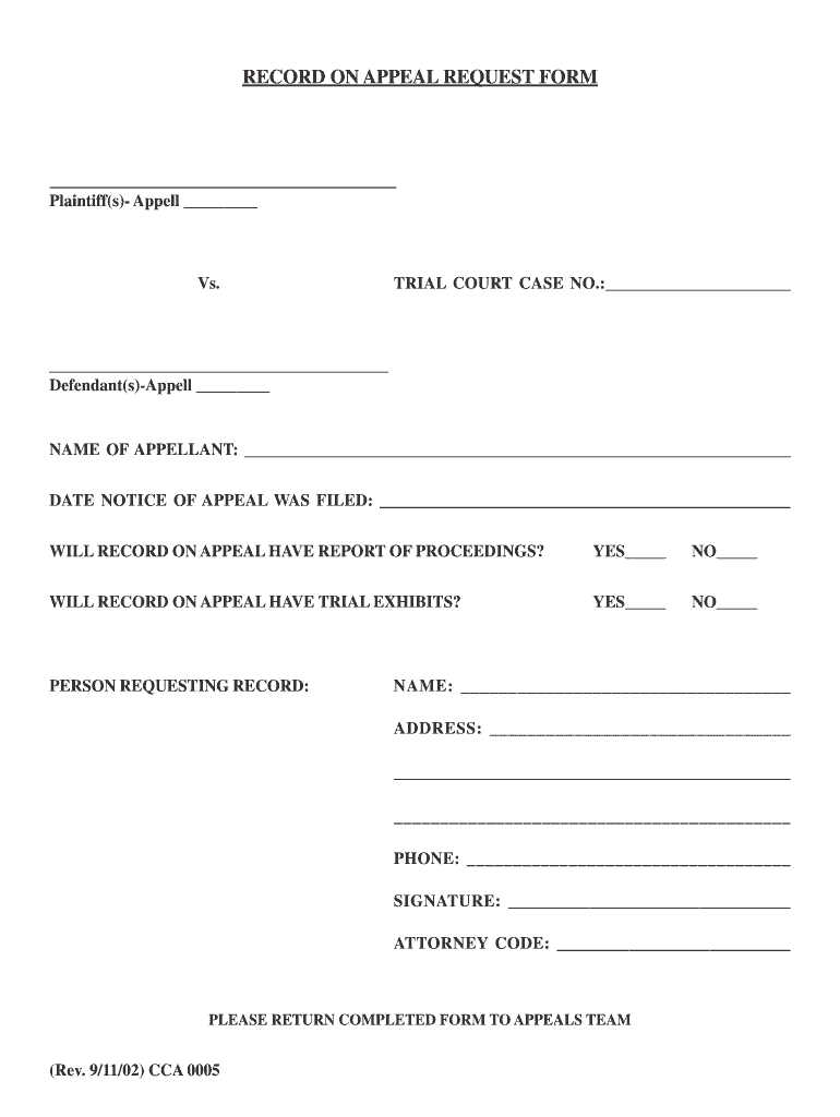 RECORD on APPEAL REQUEST FORM