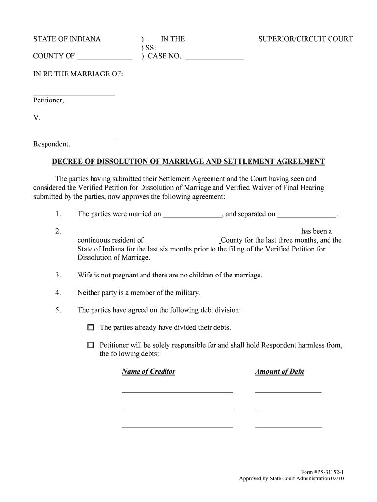 DECREE of DISSOLUTION of MARRIAGE and SETTLEMENT AGREEMENT  Form