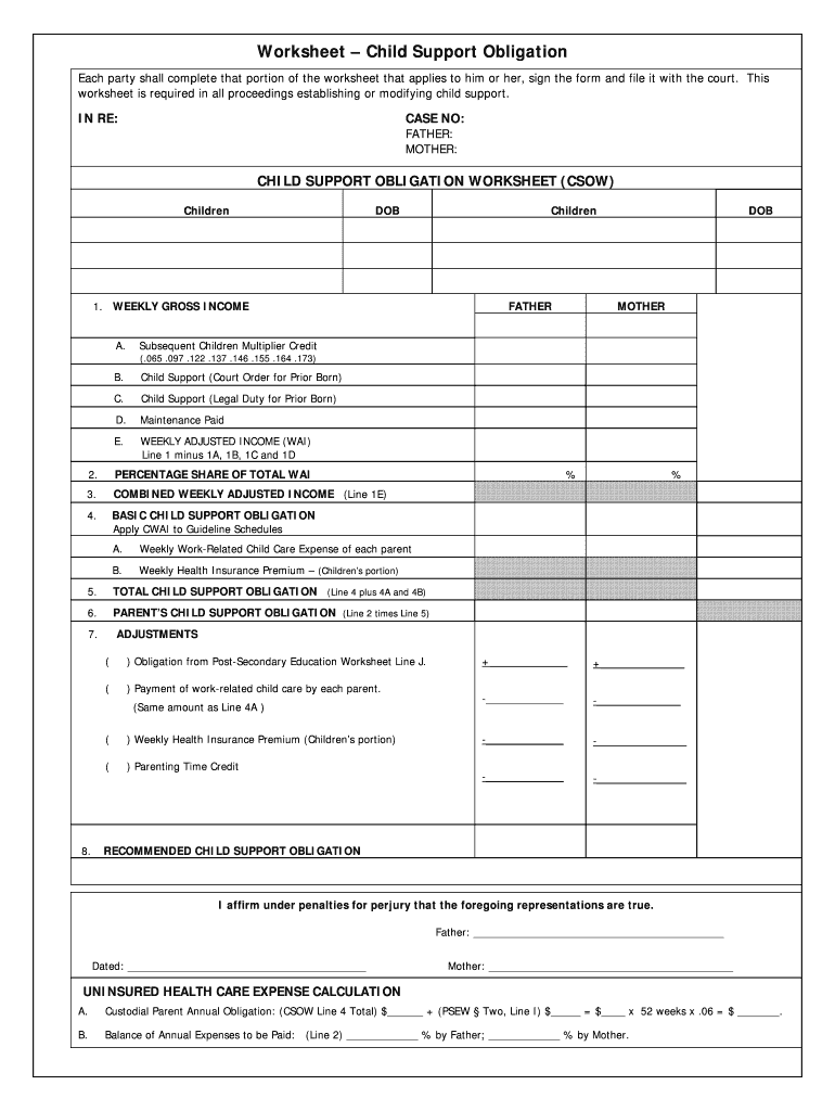 Child Support Obligation Worksheet  Form