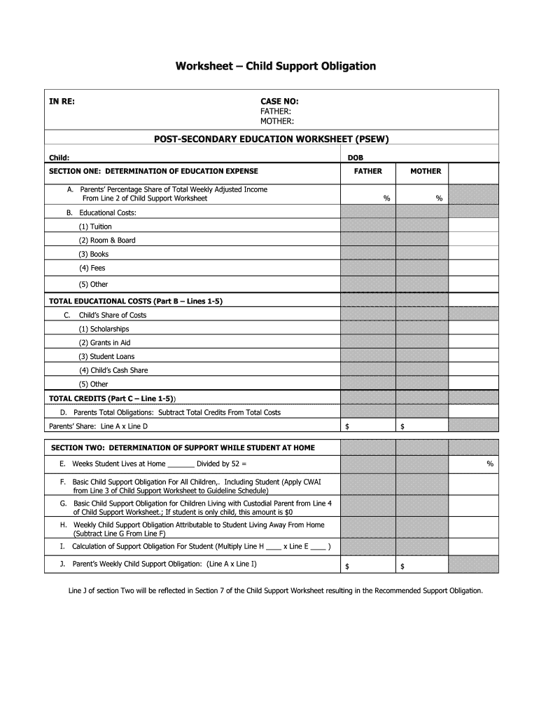 Indiana Child Support Post Secondary Education Worksheet  Form