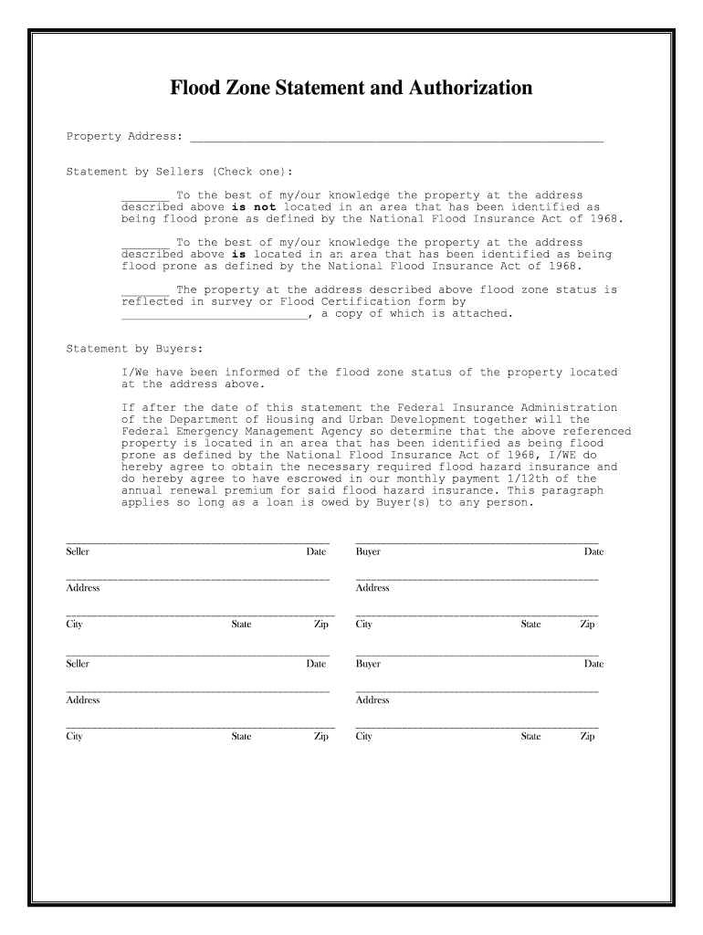Being Flood Prone as Defined by the National Flood Insurance Act of 1968  Form