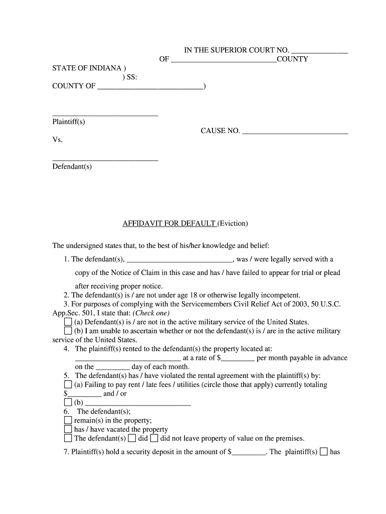 AFFIDAVIT for DEFAULT Eviction Hamilton County, Indiana  Form