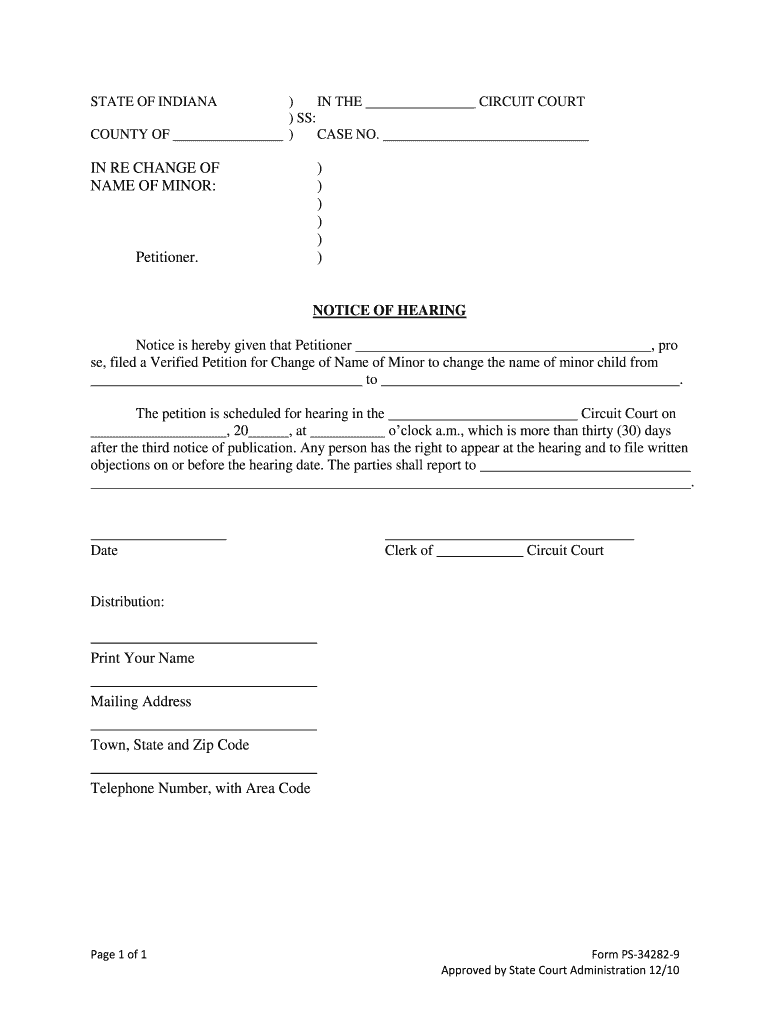 STATE of INDIANA in the COURT SS in RE the of  Form