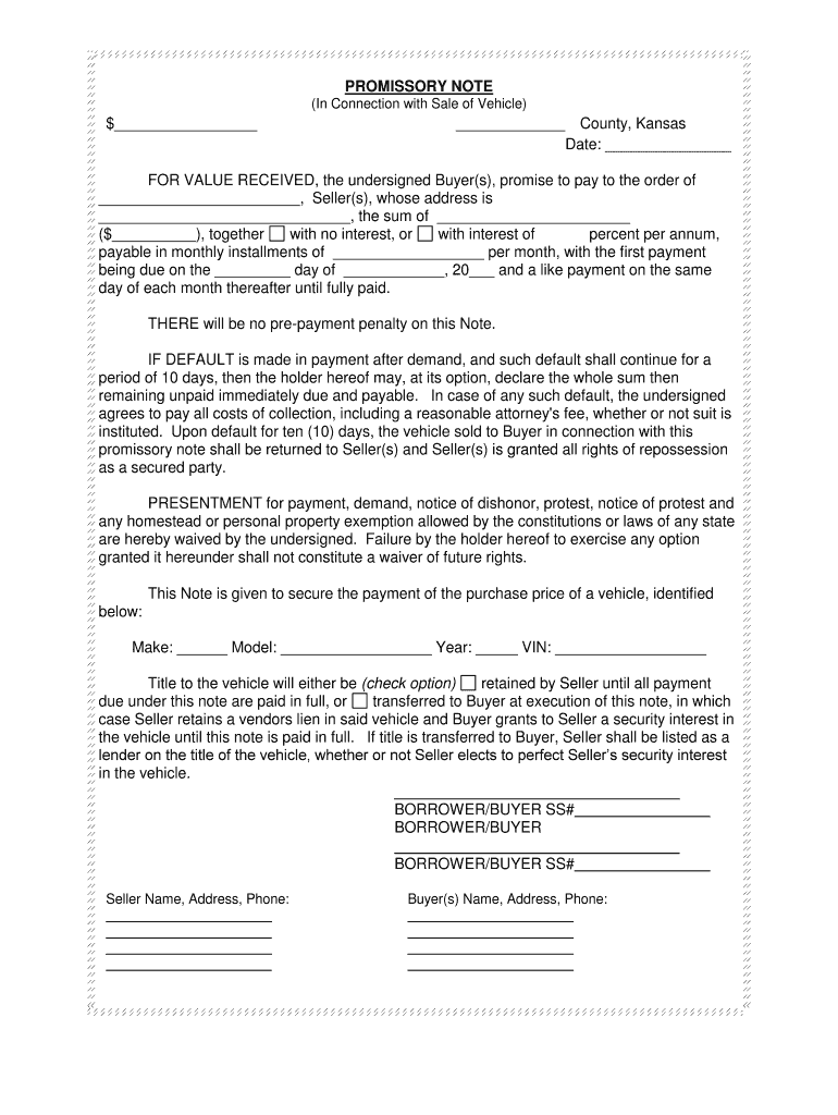 Texas Promissory Note in Connection with Sale of Vehicle  Form