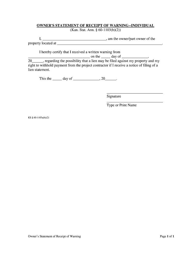 OWNER'S STATEMENT of RECEIPT of WARNING INDIVIDUAL  Form