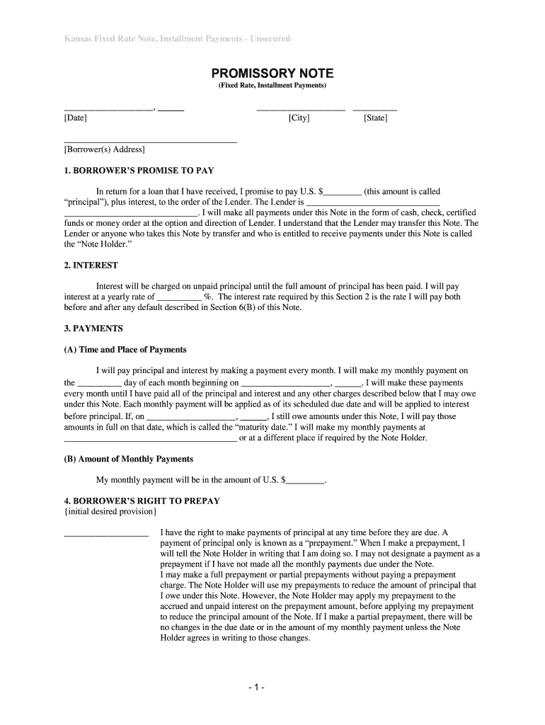 Kansas Fixed Rate Note, Installment Payments Unsecured  Form