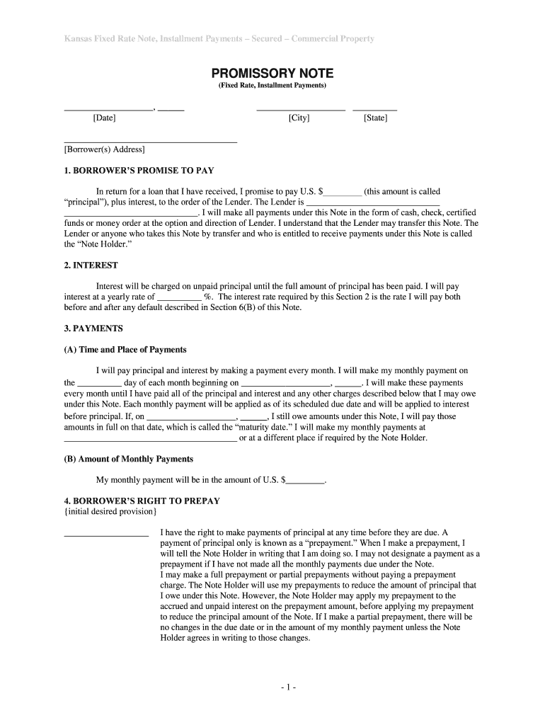 Kansas Fixed Rate Note, Installment Payments Secured Commercial Property  Form