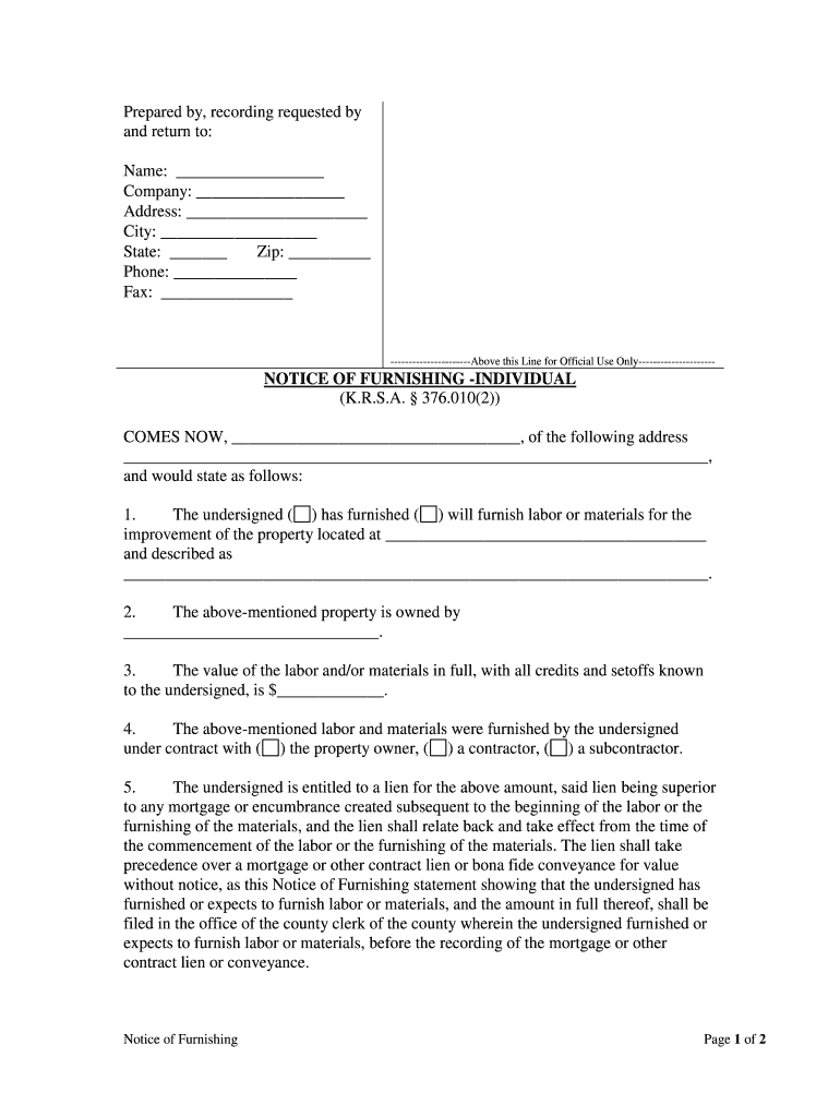 NOTICE of FURNISHING INDIVIDUAL  Form