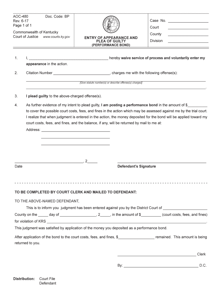 DUI Guilty Plea Kentucky Court of Justice  Form