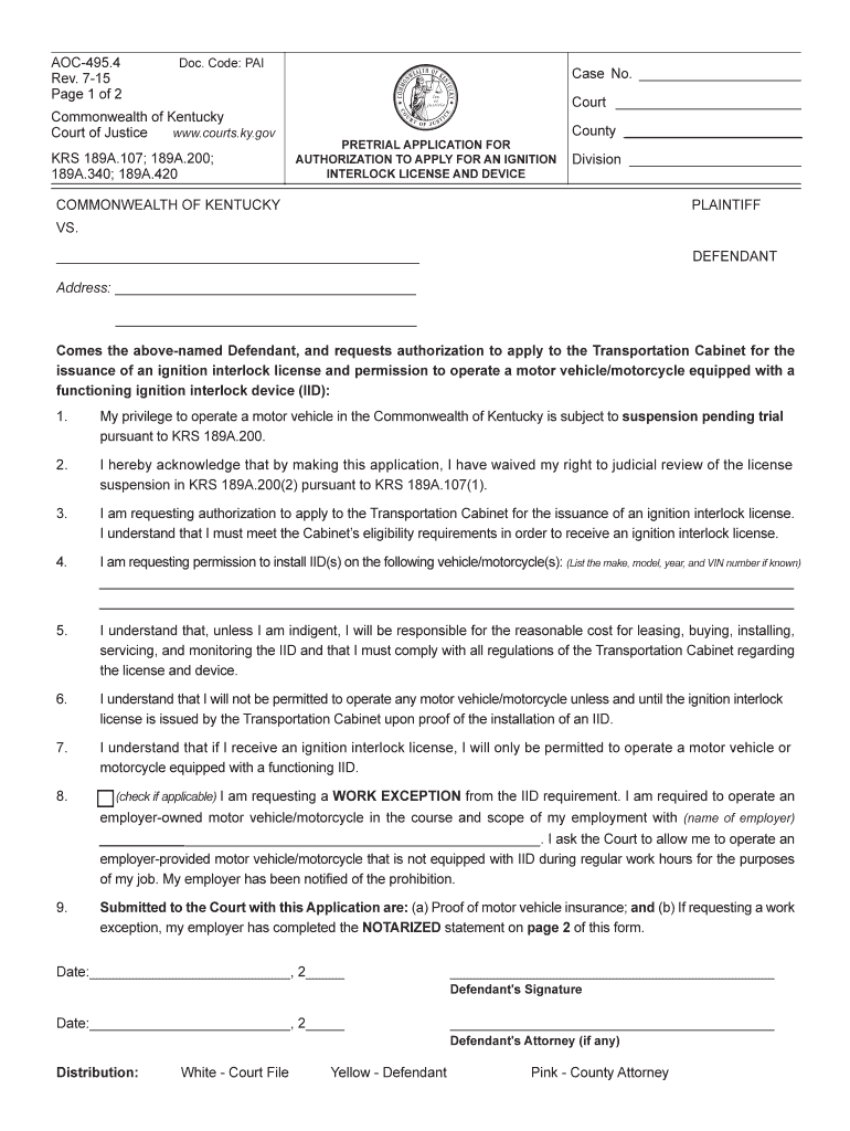 AOC 495 4 Rev 7 15 Page 1 of 2 Commonwealth of Kentucky  Form