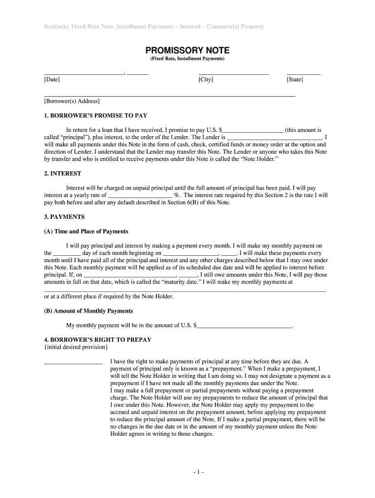 Kentucky Fixed Rate Note, Installment Payments Secured Commercial Property  Form