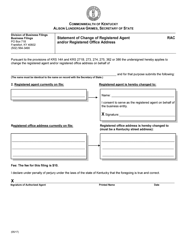 Statement of Change of Registered Agent Kentucky  Form