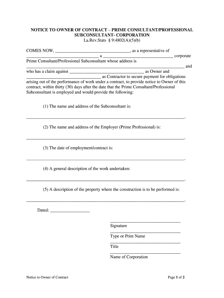 NOTICE to OWNER of CONTRACT PRIME CONSULTANTPROFESSIONAL  Form