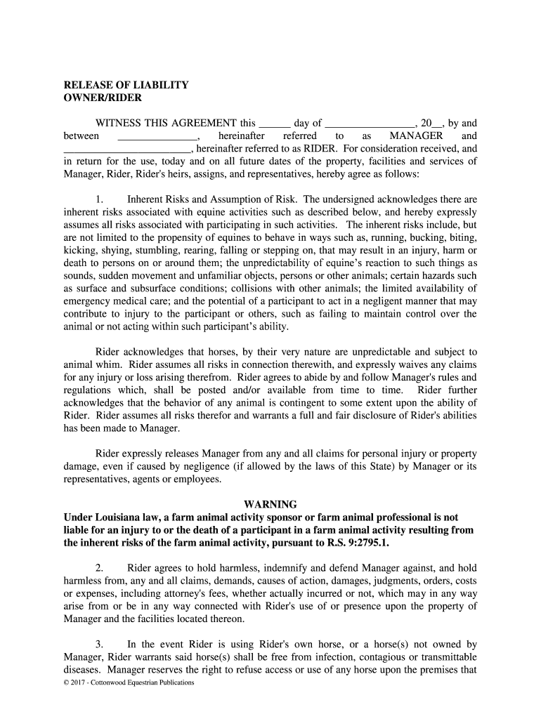 Under Louisiana Law, a Farm Animal Activity Sponsor or Farm Animal Professional is Not  Form