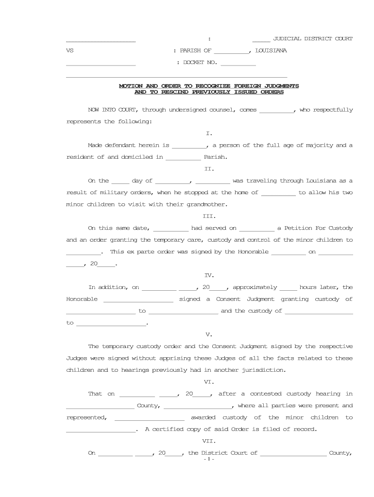 MOTION and ORDER to RECOGNIZE FOREIGN JUDGMENTS  Form