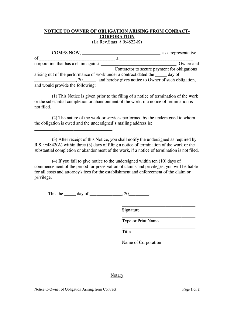 NOTICE to OWNER of OBLIGATION ARISING from CONRACTCORPORATION  Form