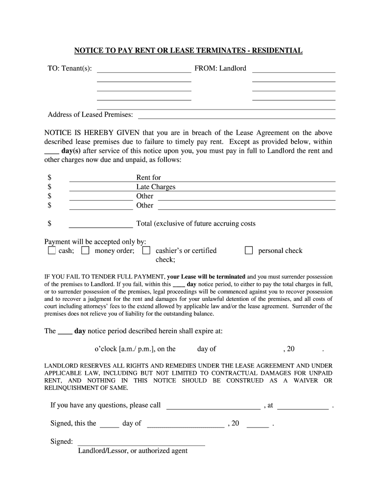 NOTICE to PAY RENT or LEASE TERMINATES RESIDENTIAL  Form