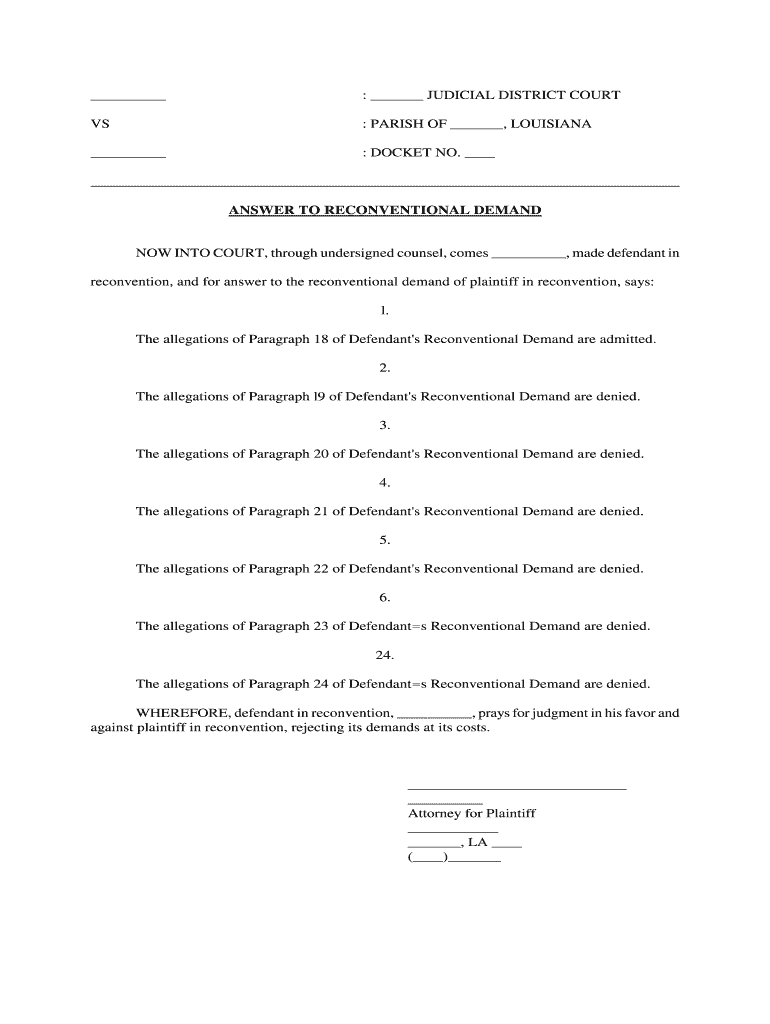 Reconventional Demand Beyond Jurisdiction; Filing in Court of  Form