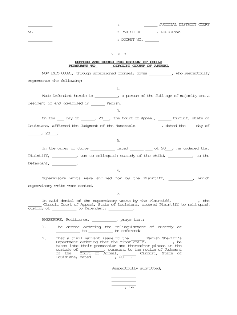 MOTION and ORDER for RETURN of CHILD  Form