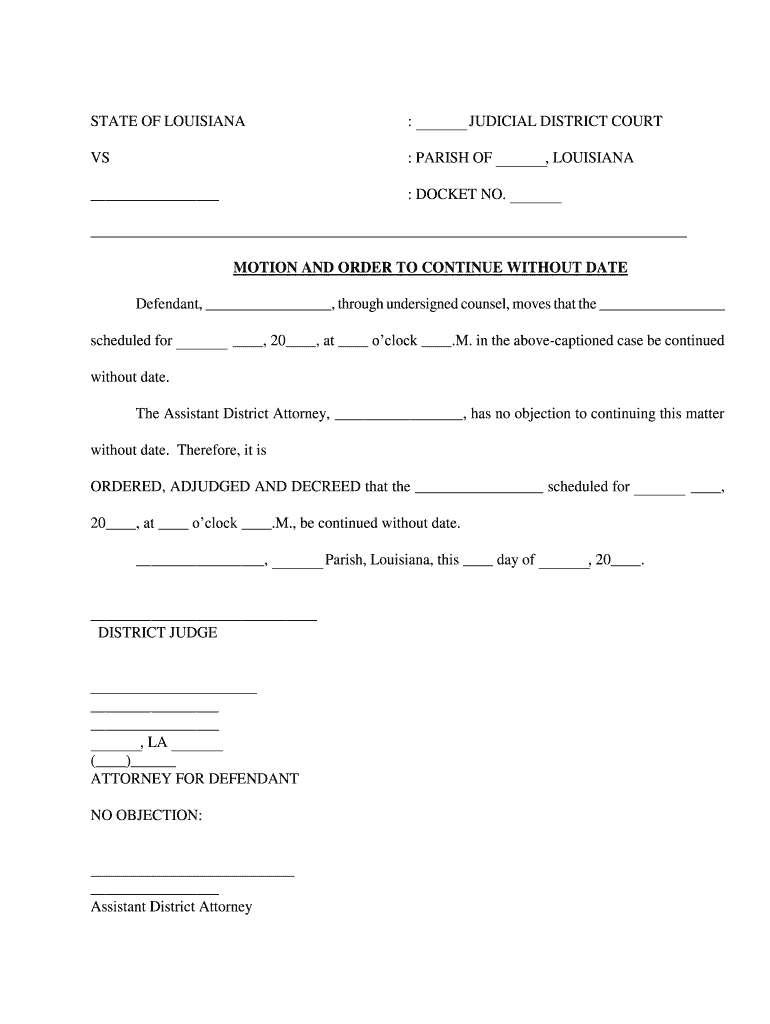 MOTION and ORDER to CONTINUE WITHOUT DATE  Form