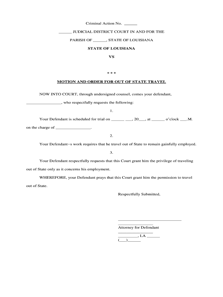 MOTION and ORDER for OUT of STATE TRAVEL  Form