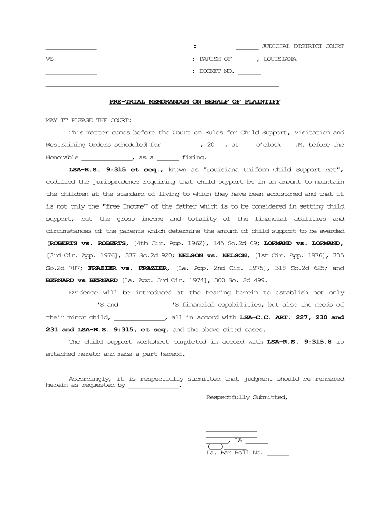 PRE TRIAL MEMORANDUM on BEHALF of PLAINTIFF  Form