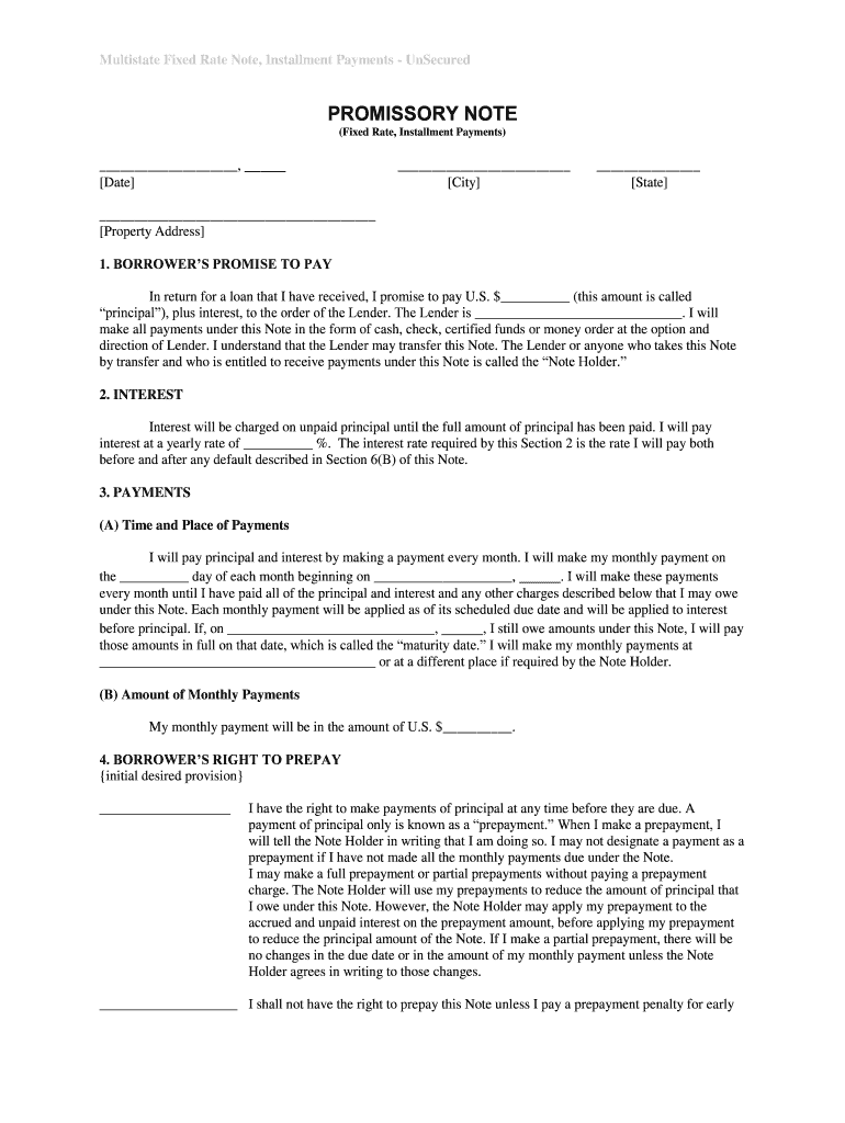 Multistate Fixed Rate Note, Installment Payments UnSecured  Form