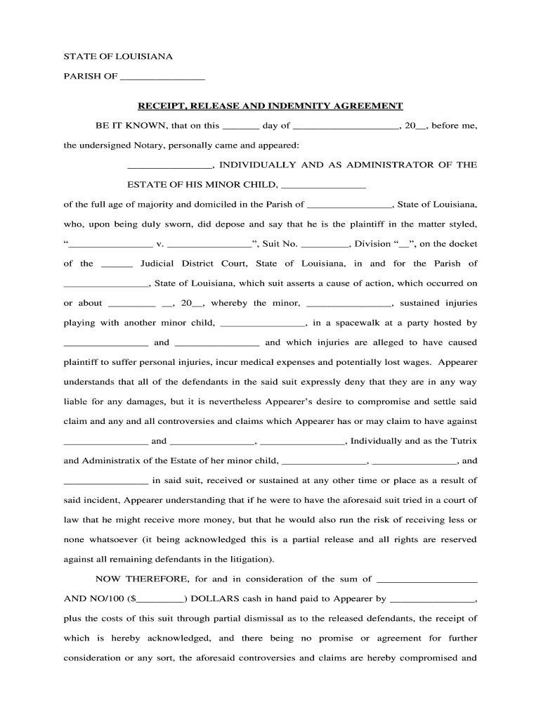 RECEIPT, RELEASE and INDEMNITY AGREEMENT  Form