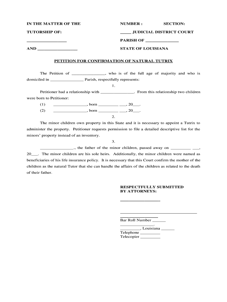 PETITION for CONFIRMATION of NATURAL TUTRIX  Form