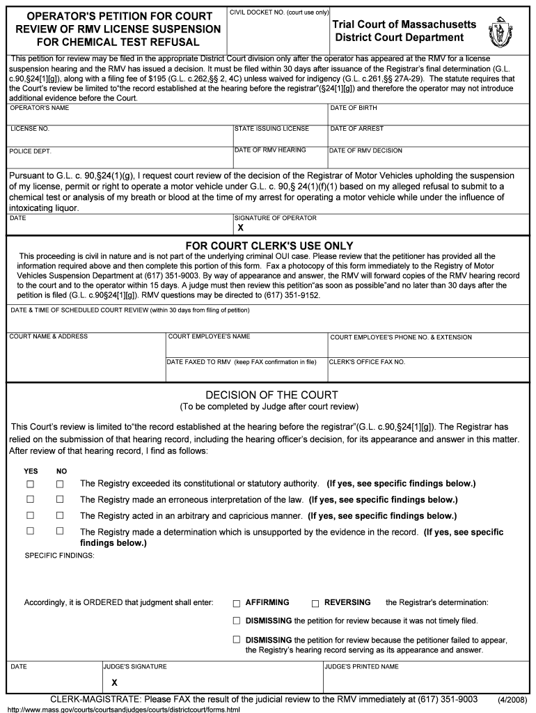 Operator's Petition for Court Review of RMV License Suspension for Chemical Test Refusal  Form