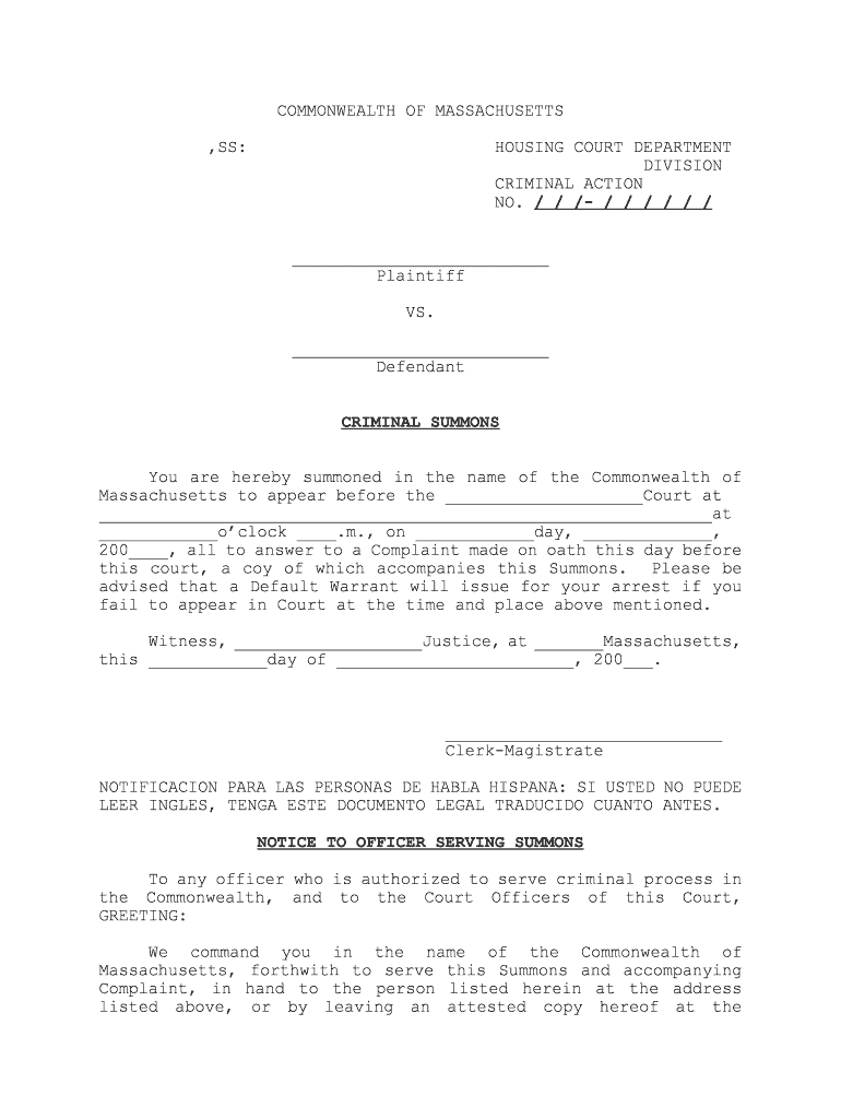 COMMONWEALTH of MASSACHUSETTS ,SS HOUSING COURT  Form