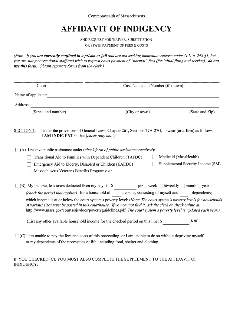 AFFIDAVIT of INDIGENCY Ma Divorce Center Com  Form