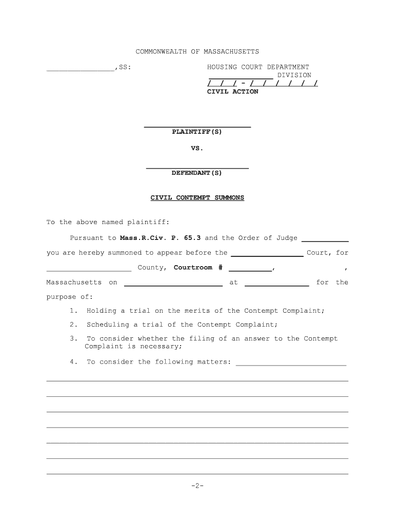 COMMONWEALTH of MASSACHUSETTS , SS HOUSING COURT  Form