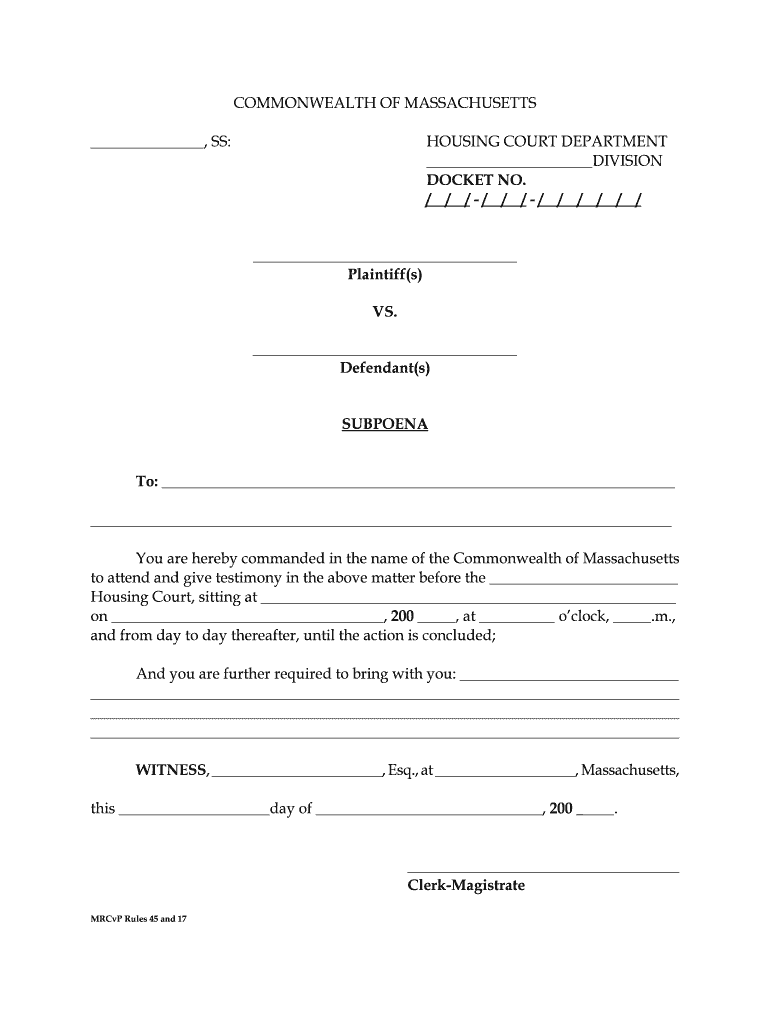 COMMONWEALTH of MASSACHUSETTS , SS HOUSING COURT DEPARTMENT  Form