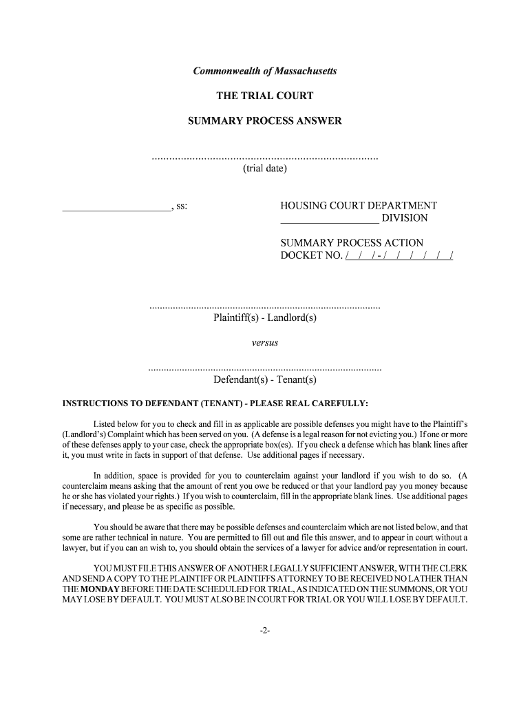 Housing Court Summary Process Answer Form Mass Gov