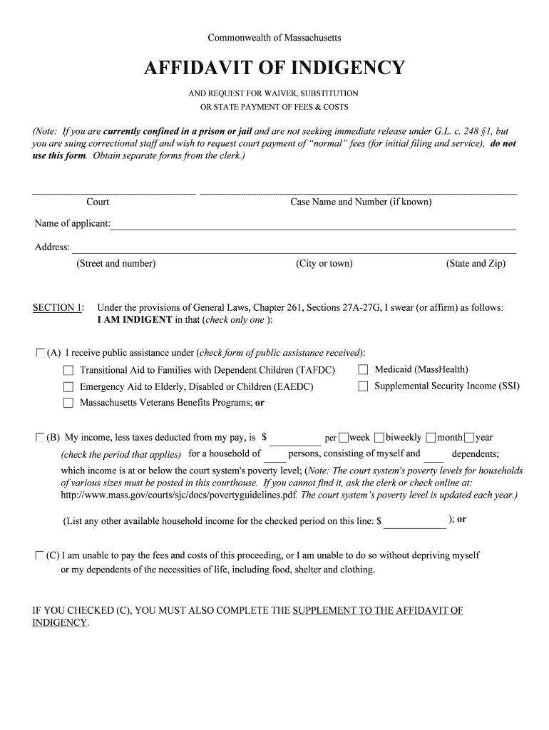 Affidavit of Indigency and Request for Waiver, Substitution or  Form